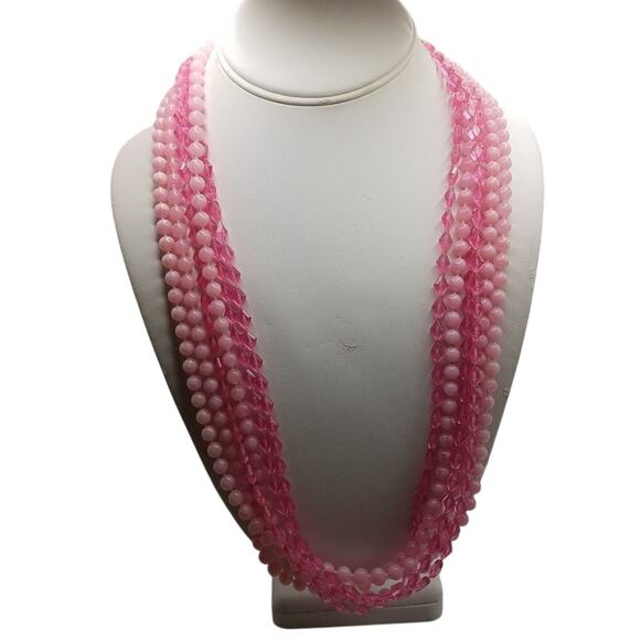 Vintage 1950s Pink Lucite Beaded Necklace 5 Strands Faceted & Opaque Beads - Picture 6 of 10